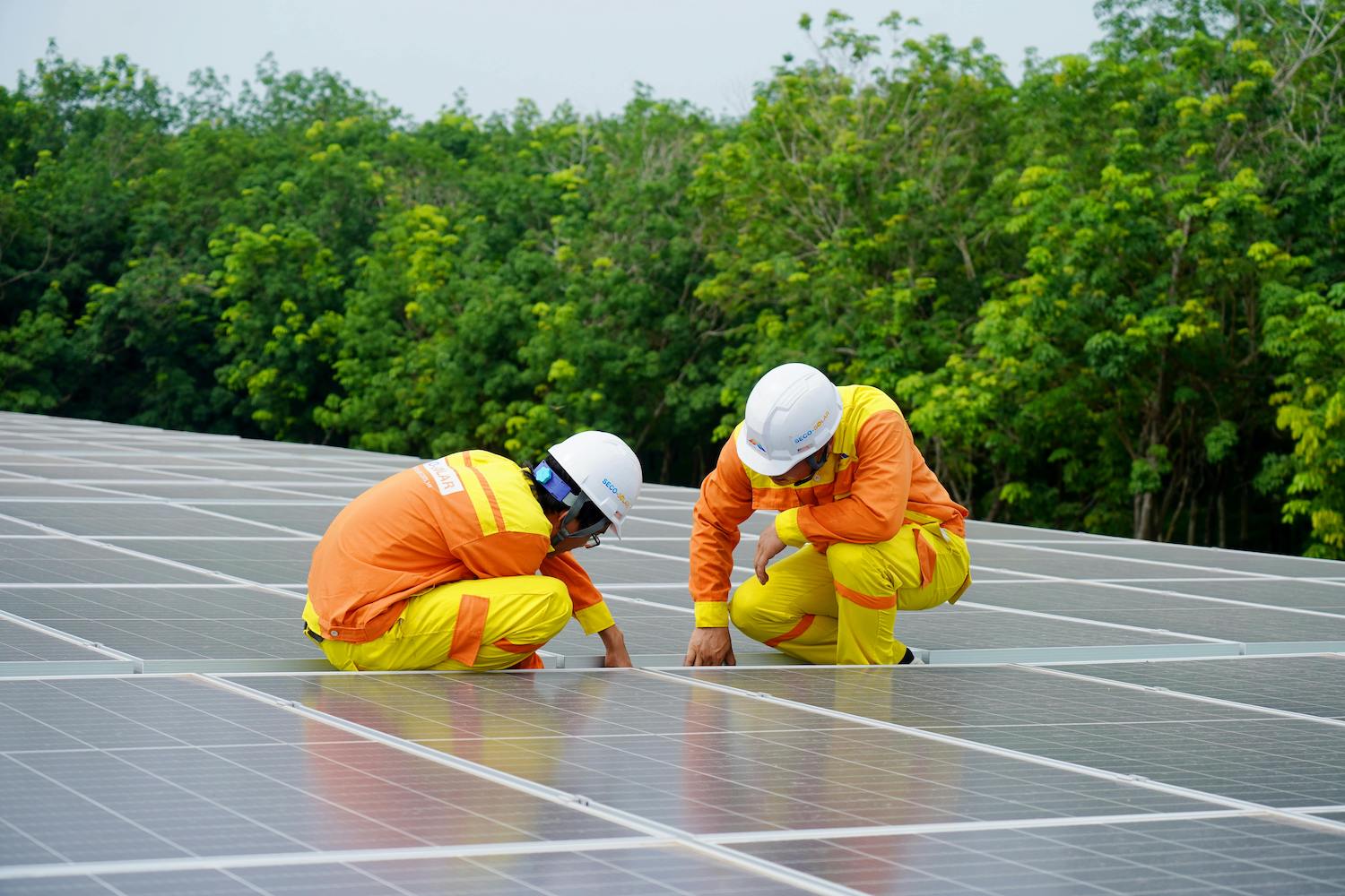 Two people wearing hard harts and bright orange-yellow clothing inspect a field of solar panels. Image by Cristian Rojas on Pexels.
